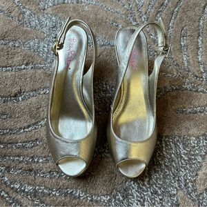 Lilly Pulitzer Gigi Gold Metallic Woven Slingback Wedge, Size 9.5 Women.